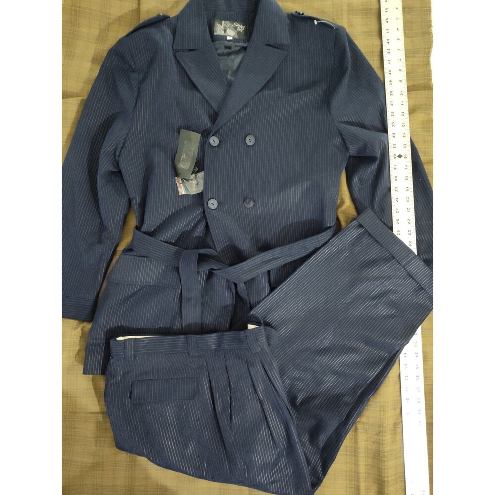 Vintage 1990s 2000s Navy Blue Pinstriped Double Breasted Poly Gangster Zoot Suit